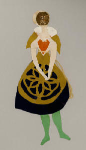 Kvinde med sort skørt med gult mønster. Grønne strømper. Rødt hjerte. skørt. Juletræspynt.